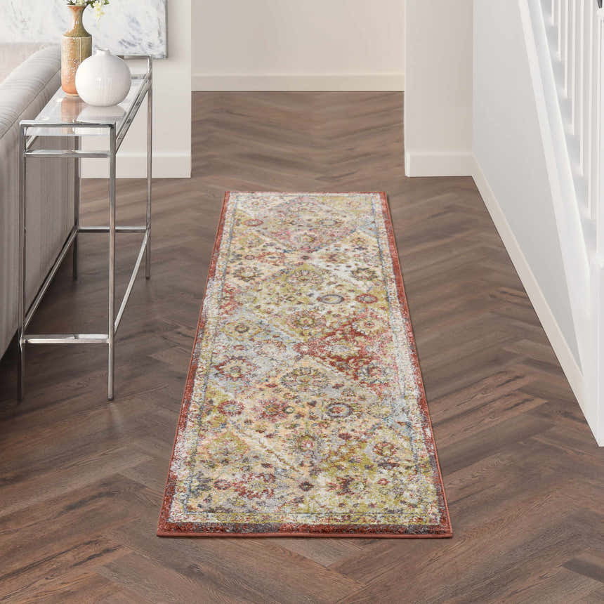 Hallway with Nourison Soraya Terracotta Multicolor runner rug on wood floor, console table, colorful, stylish.