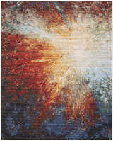 Abstract Nourison Chroma Red Flare rug. Modern area rug with red, blue, and cream colors.
