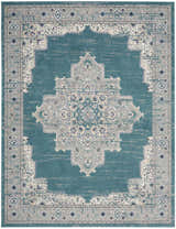 Close-up of Nourison Passion Turquoise Grey Bohemian Rug, featuring a central medallion and detailed border pattern.
