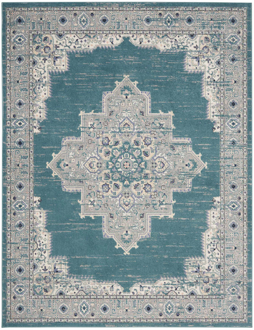 Close-up of Nourison Passion Turquoise Grey Bohemian Rug, featuring a central medallion and detailed border pattern.