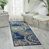 Bright sunroom with a Nourison Somerset Denim Modern Indoor Area Rug runner and white mid-century bench.