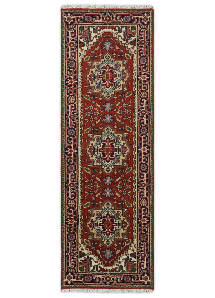 Hand Knotted Brown, Ivory and Blue Traditional Heriz Multi size Hand knotted Wool Area Rug