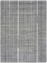 Close-up of the Calvin Klein CK041 Architectura Denim rug. Farmhouse style with denim, cream, and sage stripes. Wool and rayon blend.