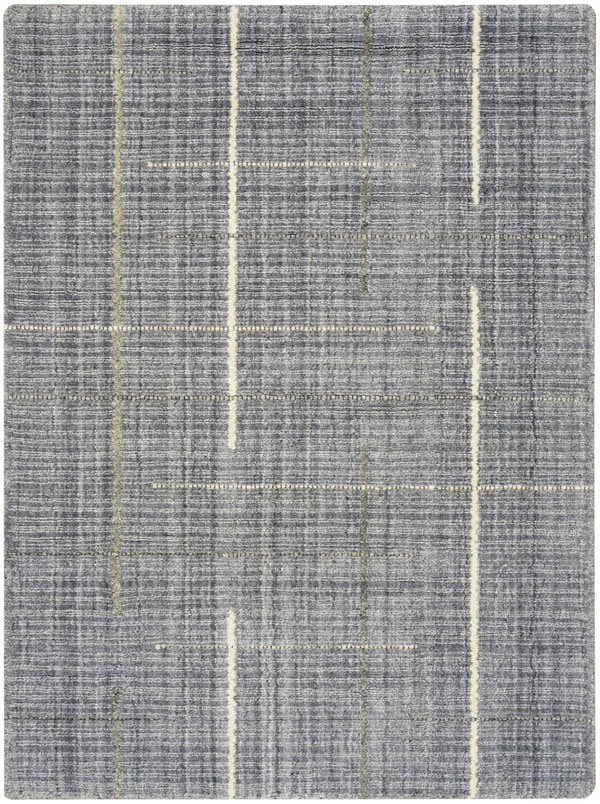 Close-up of the Calvin Klein CK041 Architectura Denim rug. Farmhouse style with denim, cream, and sage stripes. Wool and rayon blend.