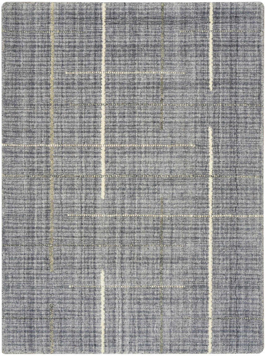 Close-up of the Calvin Klein CK041 Architectura Denim rug. Farmhouse style with denim, cream, and sage stripes. Wool and rayon blend.
