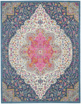 Close-up of Nourison Passion Multicolor Farmhouse rug. Features a floral medallion pattern in pink, orange, blue, and cream.