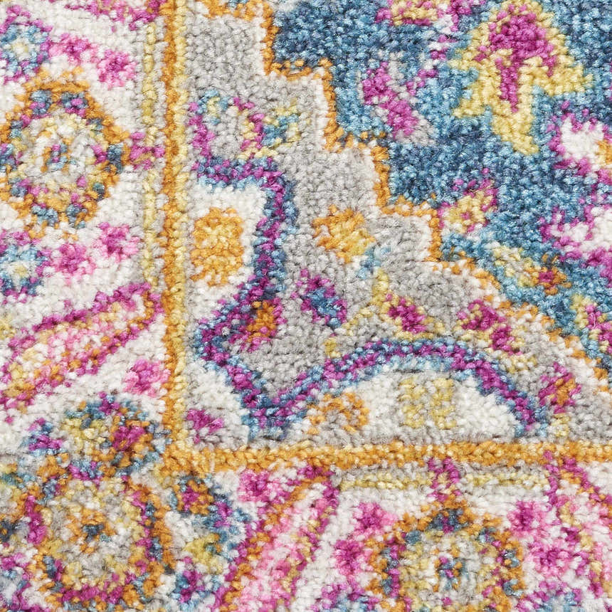 Close-up of the Nourison Passion Teal Multicolor rug showing its bohemian pattern and texture.