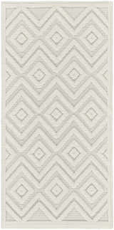 Close-up of Nourison Versatile Ivory White rug with geometric diamond and chevron pattern. Mid-century modern style.