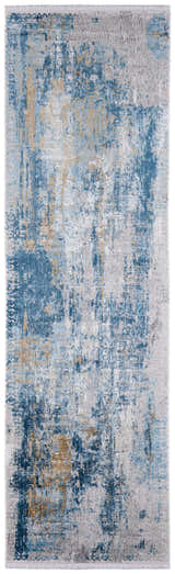Close-up of the Feizy Cadiz Area Rug in Blue, Gray, and Gold. Abstract design with distressed texture. Runner shape. Design-Runner-38