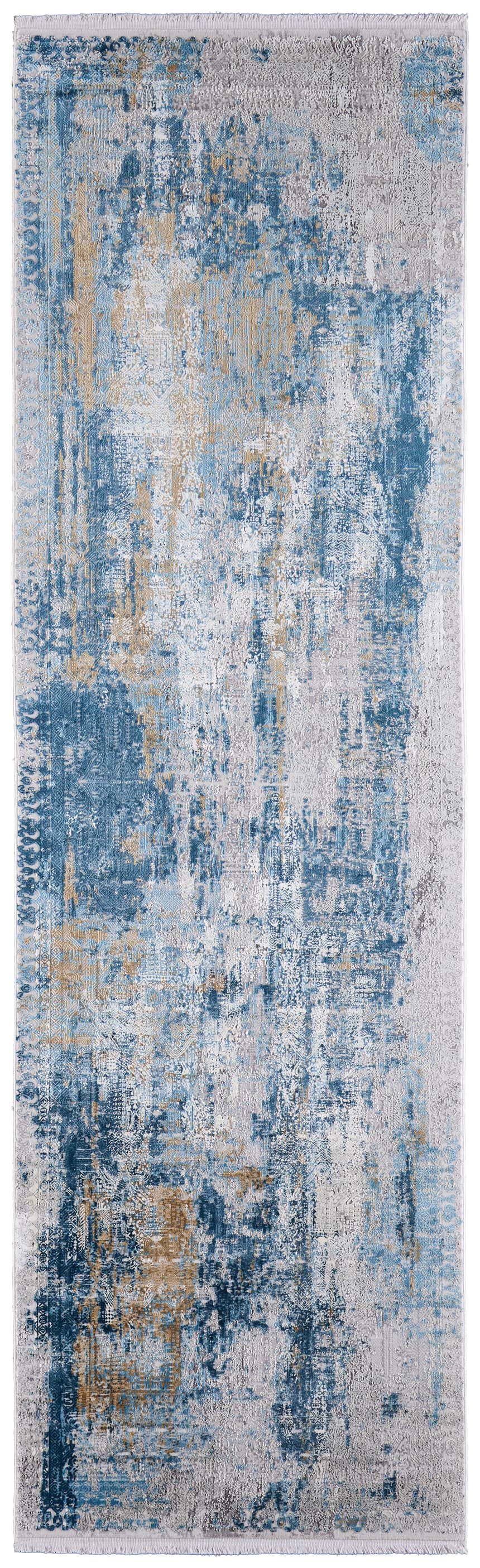Close-up of the Feizy Cadiz Area Rug in Blue, Gray, and Gold. Abstract design with distressed texture. Runner shape. Design-Runner-38