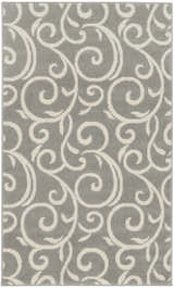 Close-up of a Nourison Grafix Grey Contemporary Indoor Area Rug with a swirling, ivory-colored pattern.