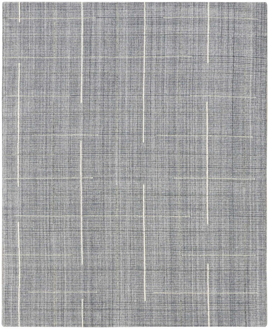 Close-up of the Calvin Klein CK041 Architectura Denim rug. Farmhouse style rug with denim color and a white geometric line pattern.