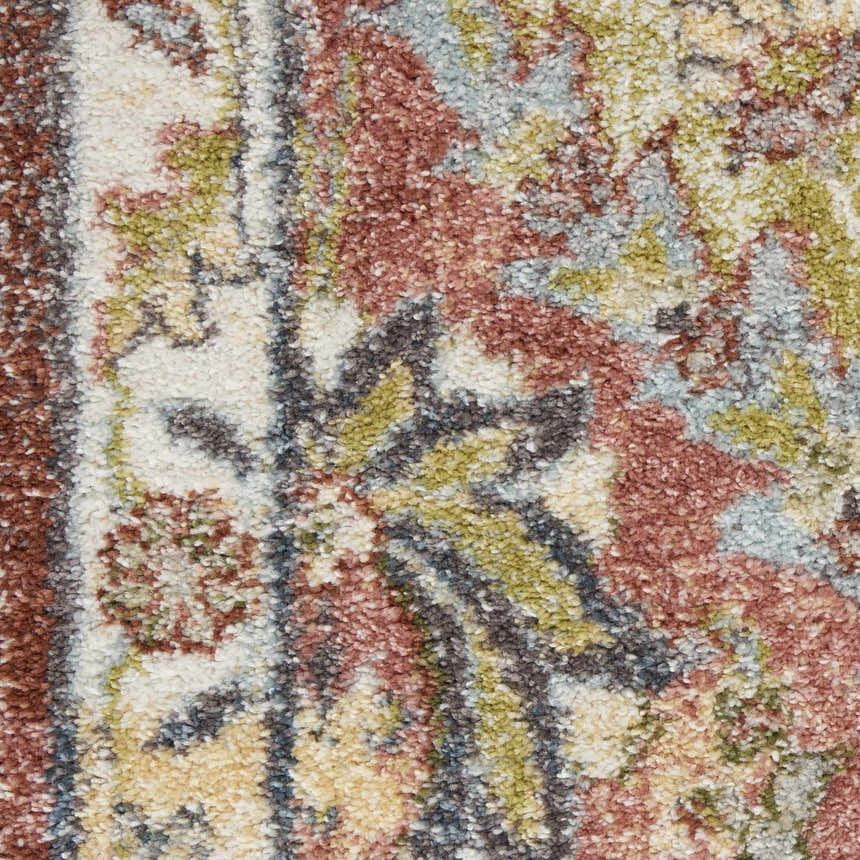 Close-up of Nourison Soraya Terracotta Multicolor rug, showing colorful floral pattern and soft, textured weave.