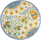 Close-up of the round Nourison Aloha Multicolor rug. Features a floral pattern with yellow, blue, orange and green hues.
