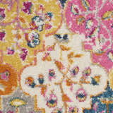 Close-up of Nourison Passion Multicolor rug showing bohemian floral pattern in pink, yellow, blue, and orange.