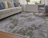 Living room scene with a Feizy Cadiz Gray/Green/Silver rug, sofa, and chair. Modern ikat pattern. Roomscene-Rectangle