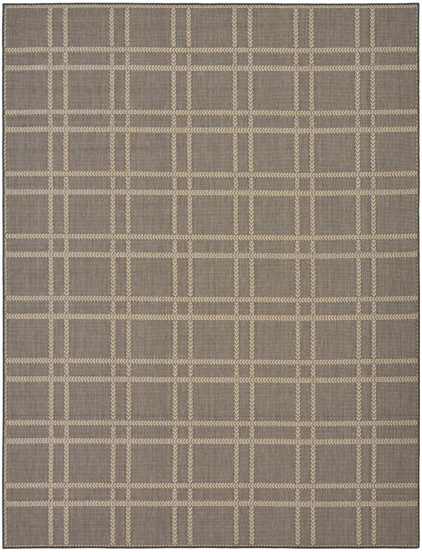 Close-up of Nourison Horizon Charcoal rug. Taupe plaid pattern on a charcoal background. Modern, indoor/outdoor rug.