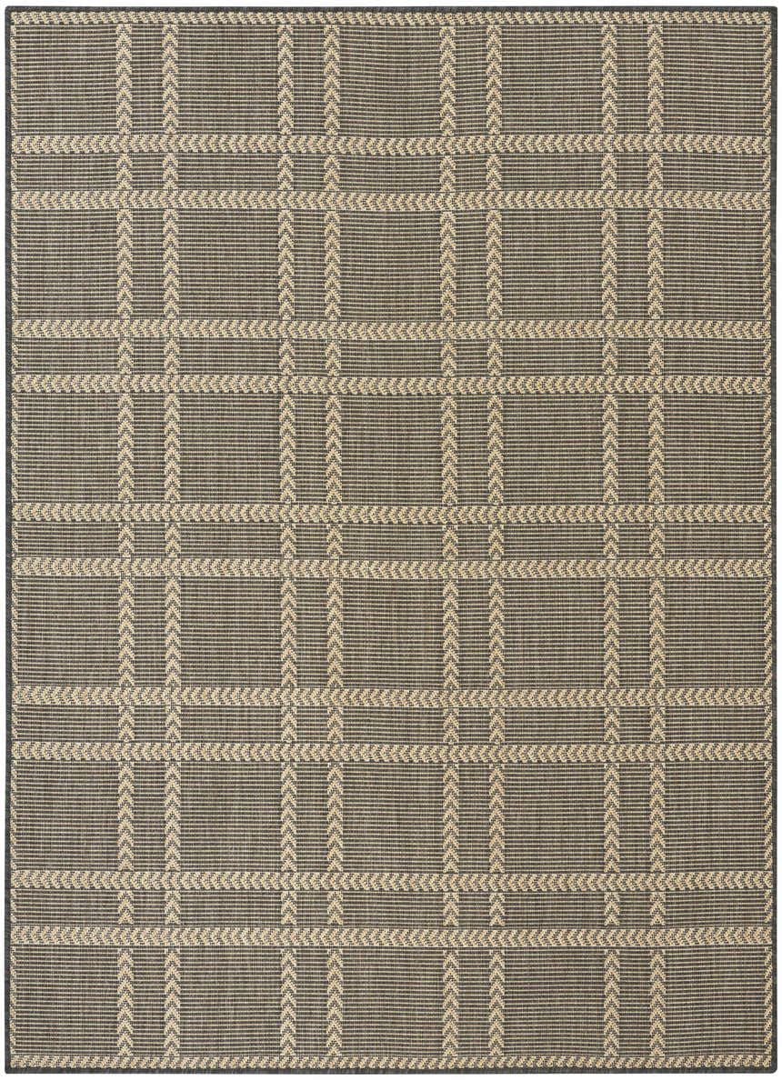 Close-up of Nourison Horizon Indoor/Outdoor Charcoal Modern Area Rug with taupe plaid pattern and subtle texture.