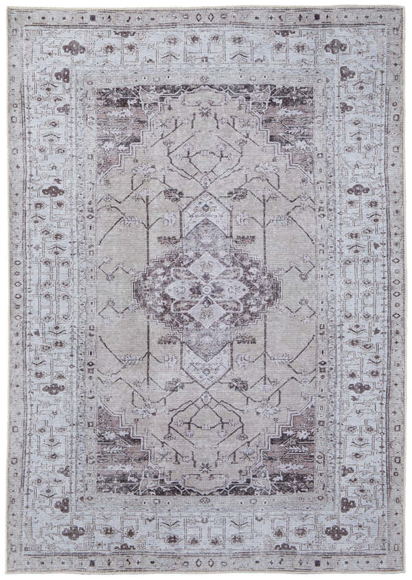 Close-up of Feizy Percy Transitional Medallion Area Rug in tan, ivory, and gray with a traditional rectangular design. Design-Rectangle