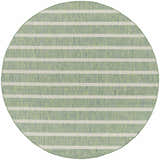 Close-up of round Nourison Positano rug. Blue, green, and ivory stripes create a modern, textured pattern.