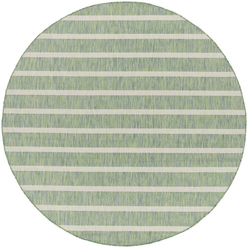 Close-up of round Nourison Positano rug. Blue, green, and ivory stripes create a modern, textured pattern.