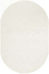 Close-up of an oval Nourison Versatile Ivory White rug. Features a subtle geometric diamond pattern and soft texture.