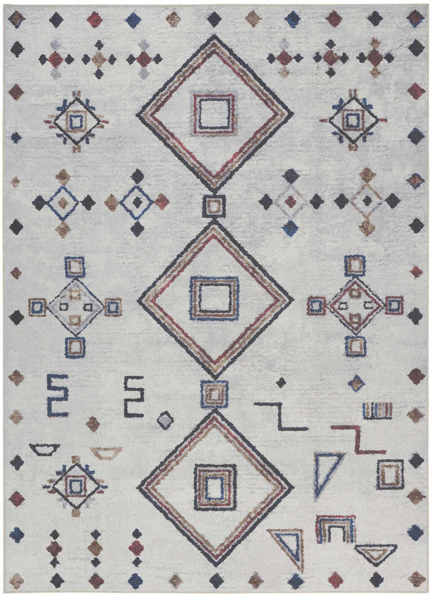 Ivory Multicolor Nourison New Concept Rug with chestnut, blue, and red geometric bohemian pattern.