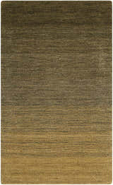 Close-up of the Calvin Klein Home Haze Marsh rug. The wool rug has horizontal striations in shades of brown and gold.