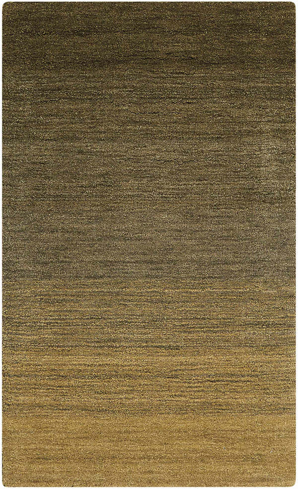 Close-up of the Calvin Klein Home Haze Marsh rug. The wool rug has horizontal striations in shades of brown and gold.