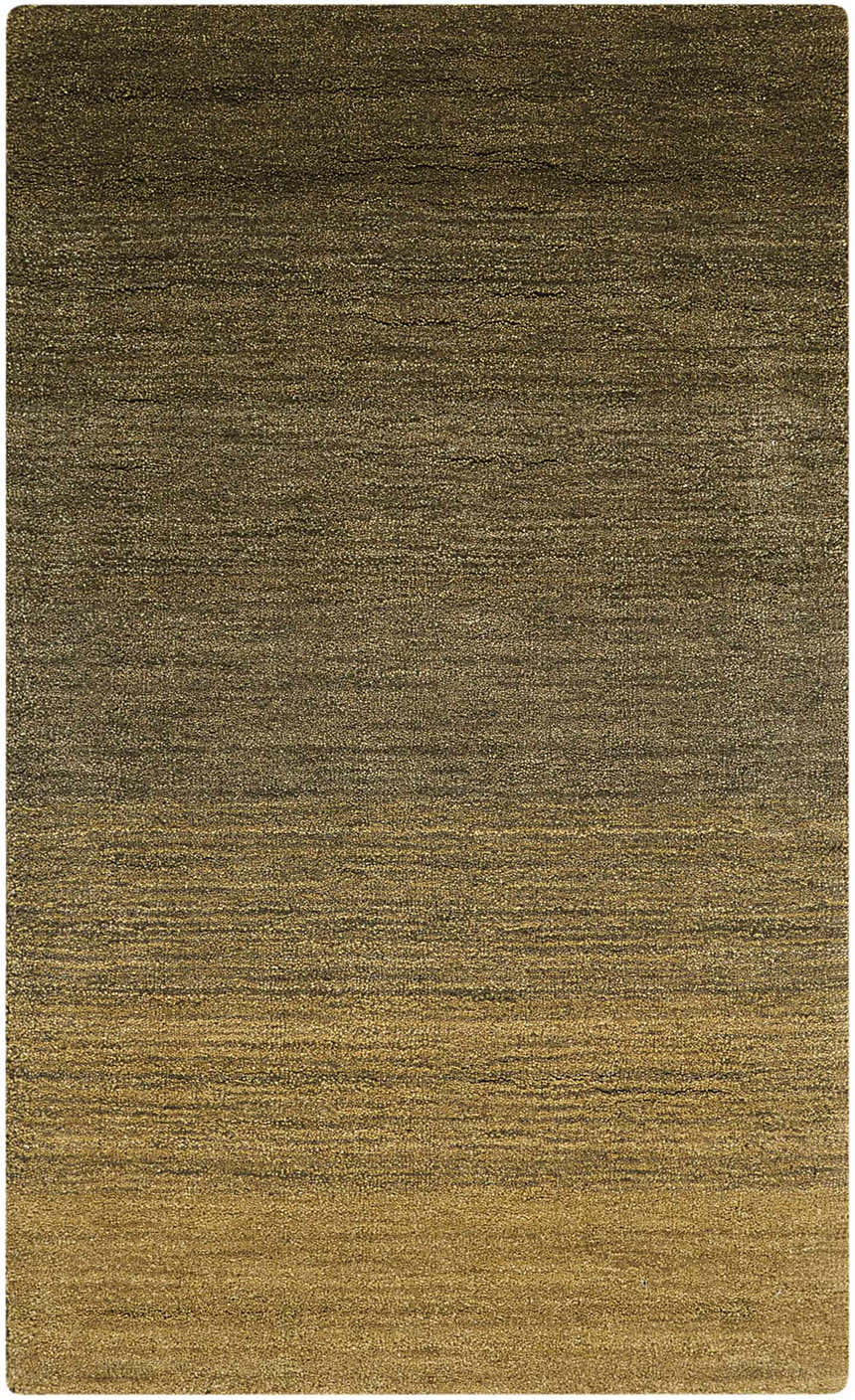 Close-up of the Calvin Klein Home Haze Marsh rug. The wool rug has horizontal striations in shades of brown and gold.