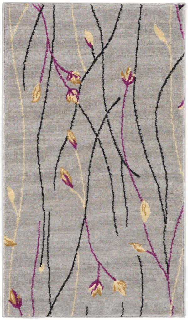 Close-up of Nourison Grafix Grey Contemporary Indoor Area Rug. Features black, purple, and gold floral design.
