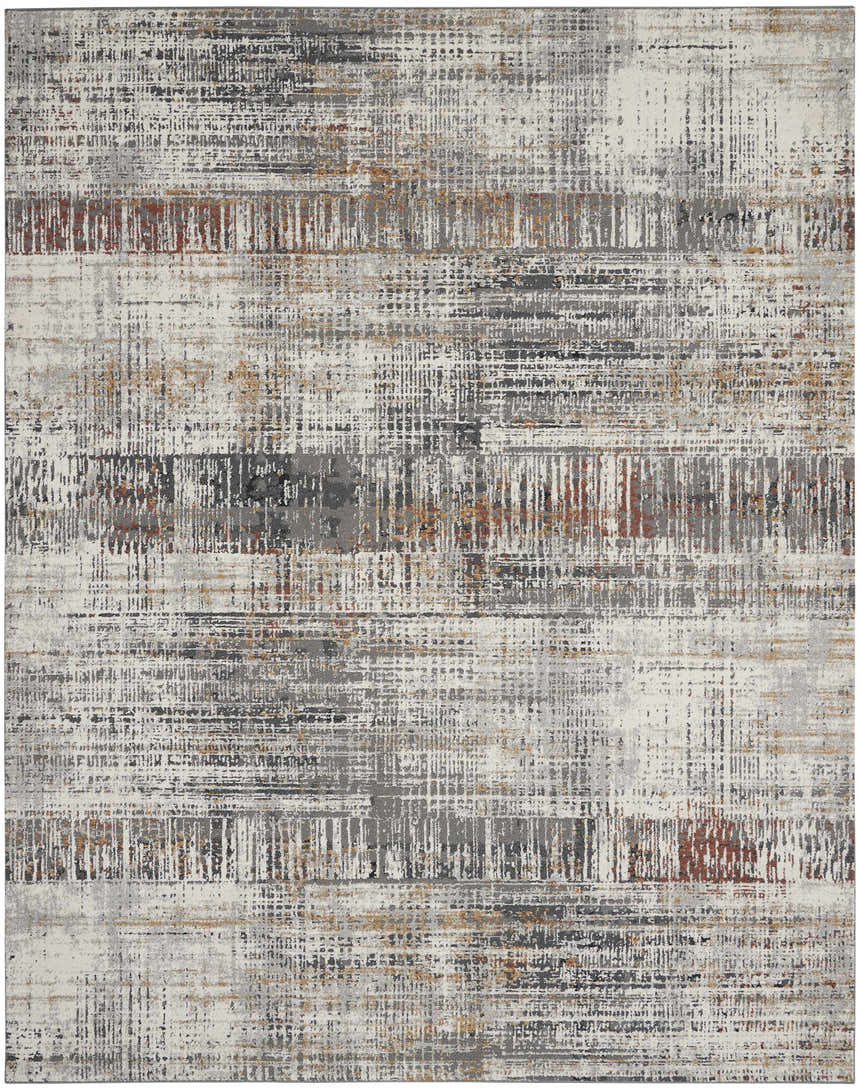 Close-up of the Nourison Tangra Multicolor rug. Features distressed stripes in white, gray, black, and rust colors.