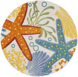 Round Nourison Aloha rug close-up. Multicolor coastal design with starfish, shells, and seaweed on a white background.