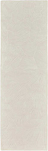 Close-up of the Nourison Avra Ivory rug. Creamy wool rug with a raised, abstract botanical design. Handmade texture.