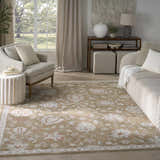 Living room with beige seating and Nourison Infinite Mocha Vintage Indoor Area Rug in light brown floral pattern.