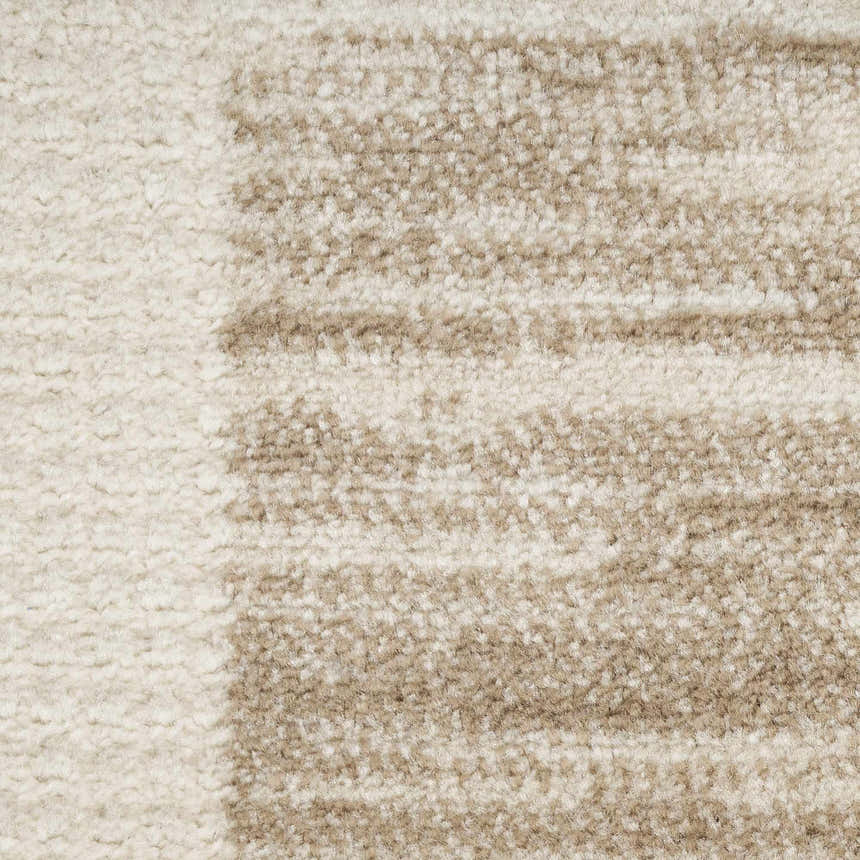Close-up of the high pile Nourison Serenity Home Mocha Ivory Rug, showing texture and chestnut color stripes.