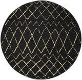 Round Nourison Grafix Black Bohemian Area Rug featuring a geometric diamond pattern in cream on black.