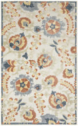 Close-up of Nourison Aloha Grey Multicolor Area Rug. Farmhouse style with floral pattern in gray, beige, rust, and yellow.