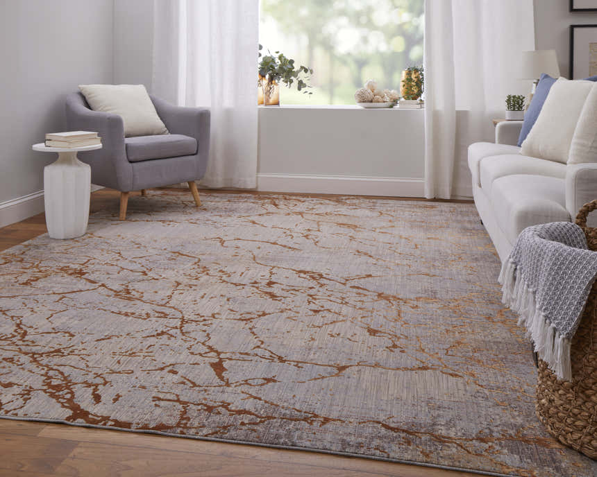 Living room with Feizy Pryor Modern Abstract rug in gold, brown, and gray. Casual, contemporary style. Roomscene-Rectangle