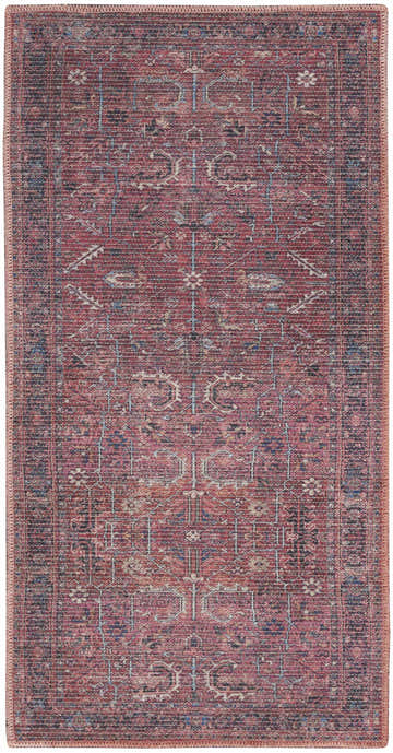 Brick Red Nourison New Concept Rug with vintage-inspired geometric pattern and subtle blue accents. Machine-made, washable area rug.