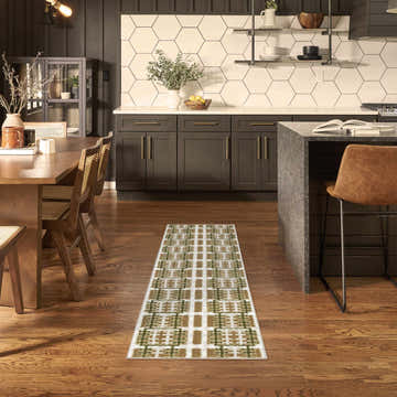 Modern kitchen and dining area with Nourison Nordic Multicolor runner rug on hardwood floors.