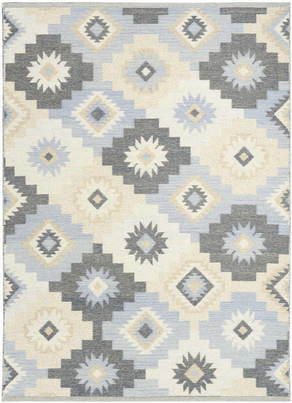 Close-up of Nourison Copenhagen Ivory Navy rug. Mid-century modern design with geometric shapes in ivory, navy, beige and gray.
