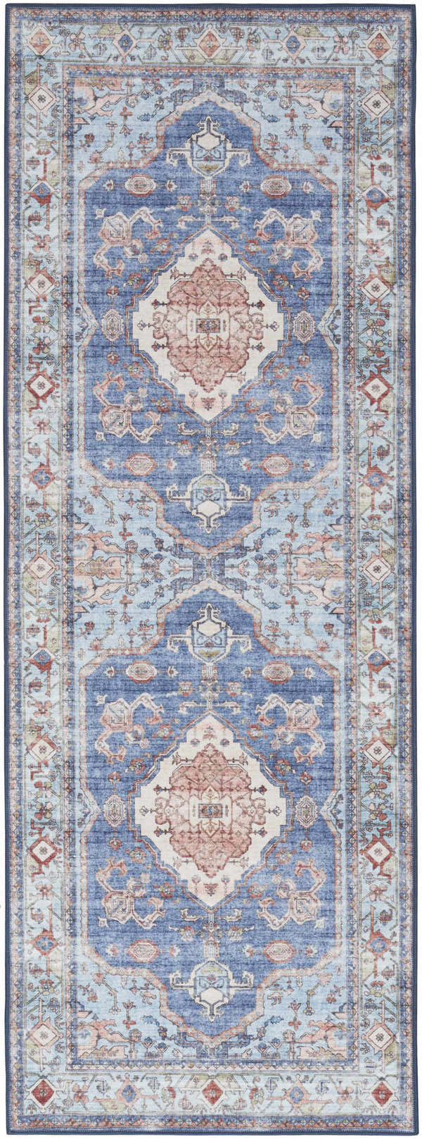 Close-up of Nourison Fulton Blue Vintage Indoor Area Rug, featuring a traditional, distressed pattern in light blue and coral tones.