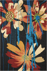 Close-up of Nourison South Beach Black Area Rug, featuring large floral pattern in reds, oranges, creams, and blue accents.