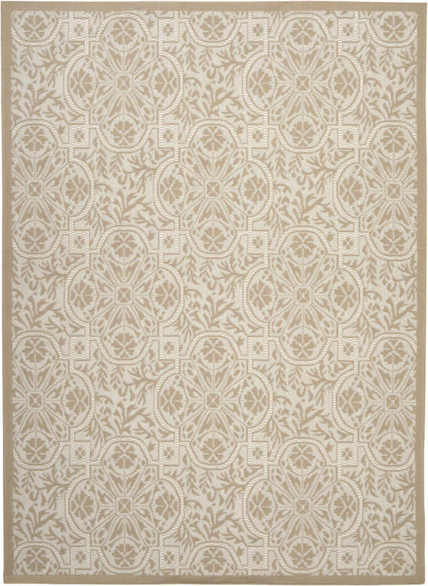 Close-up of the Nourison Aruba Beige Cream Area Rug, featuring a floral and geometric pattern in beige and cream.