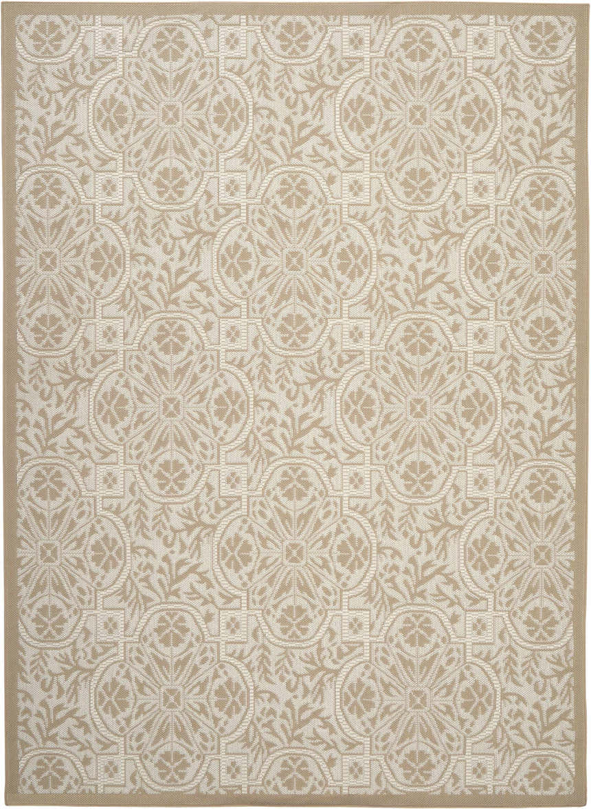 Close-up of the Nourison Aruba Beige Cream Area Rug, featuring a floral and geometric pattern in beige and cream.