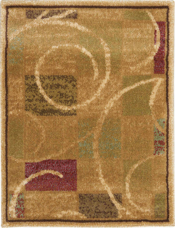 Close-up of Nourison Expressions Beige Modern Indoor Area Rug with geometric squares and swirling line details.