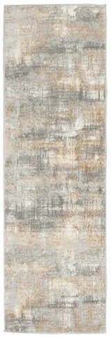 Close-up of Calvin Klein CK950 Rush area rug. Gray, beige, and white high pile rug with a modern abstract design.