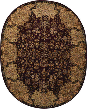 Close-up of the oval Nourison 2000 Plum Persian rug, featuring a dark purple and beige floral pattern. Handmade wool rug.