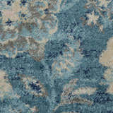 Close-up of the Nourison Tranquil Turquoise Vintage rug, showing aqua, gray, and cream floral pattern and soft texture.